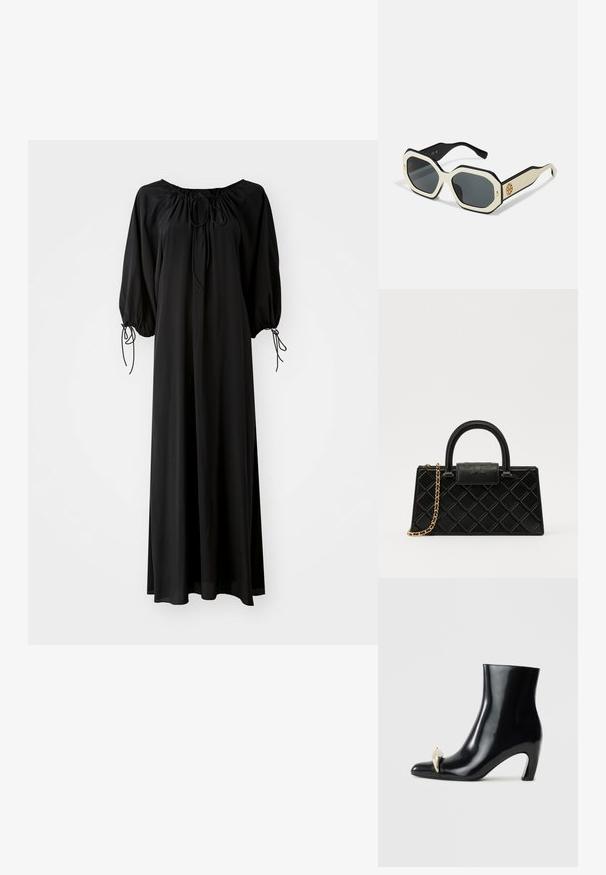 Mustat pitkät mekko, jossa on leveät hihat ja avara kaula-aukko. Mukana nyörit kaulassa ja hihoissa. Valmistettu kevyestä, sileästä kankaasta.; Mustat nilkkurit, jotka on valmistettu kiiltävästä nahasta, ja joissa on terävä kärki sekä koristeellinen kultainen ja hopeinen aksentti edessä. Laiton korko.; Aurinkolasit, joissa on oktaalinen valkoinen kehys, mustat reunat ja harmaat linssit. Kullanvärinen logotietue sivussa lisää yhtenäisen akcentin.; Mustaväri käsilaukku, joka on valmistettu teksturoidusta nahasta ja jossa on timanttikuvio, kultasävyinen ketjuolkaintassa ja pääkahva, jossa on logolla painettu läppä.