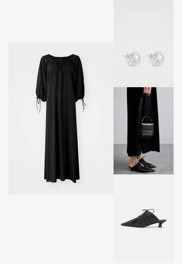 Sort lang kjole med brede ærmer og dyb rund halsudskæring. Har snører ved halsen og mansjetterne. Fremstillet af letvægts, glat stof.; Sorte læder slip-on mules med spids tå, samlet tekstur og en lille kitten heel. Har en snor-detalje ved åbningen.; Lille sort læder håndtaske med en rund form, topgreb og aftagelig rem. Bæres med sort stofkjole og sorte plisserede sko.; Sølv perleøreringe med en buet, bønneform. Glat, blank overflade og sikret med en stift og bagside-lukning.