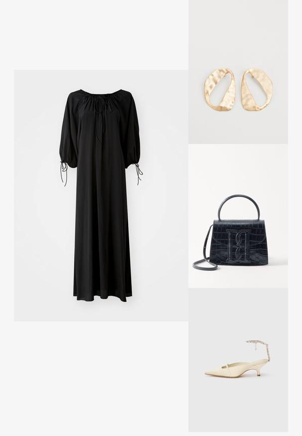 Black long dress with wide sleeves and a scoop neckline. Features drawstring ties at the neck and cuffs. Made from lightweight, smooth fabric.; Cream pointed-toe slingback heel with thin front strap and jeweled ankle strap on white background.; Black crocodile-embossed leather handbag with a structured design, top handle, adjustable strap, and a prominent front logo detail.; Pair of irregular oval-shaped gold-toned metal earrings with a textured, slightly hammered surface on a white background.