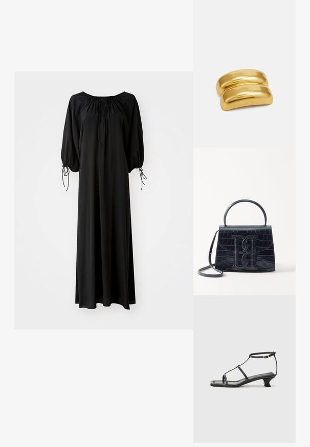 Black long dress with wide sleeves and a scoop neckline. Features drawstring ties at the neck and cuffs. Made from lightweight, smooth fabric.; Black leather sandal with a square toe, thin straps, adjustable ankle strap, and a low heel. Features a small gold accent on the strap.; Black crocodile-embossed leather handbag with a structured design, top handle, adjustable strap, and a prominent front logo detail.; Gold-colored metal hair clip with a smooth, rounded design. The surface is reflective, featuring a joined, curved shape with no additional embellishments.