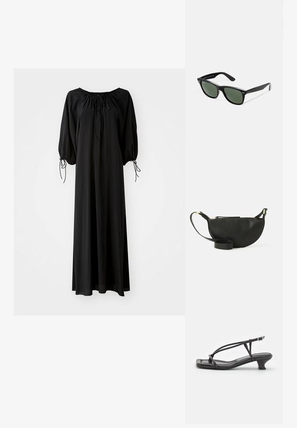 Vestido largo negro con mangas amplias y escote redondeado. Presenta lazos con cordón en el cuello y en los puños. Fabricado en una tela ligera y suave.; Sandal de cuero negro con tiras finas, tacón bajo cuadrado y punta cuadrada. Presenta un cierre de hebilla y una textura suave.; Gafas de sol de plástico negro con lentes verdes, montura cuadrada, acento plateado en la ceja y brazos texturizados. Marca indicada en el brazo interno.; Bolso de cuero negro cruzado con forma de media luna, superficie texturizada, cierre de cremallera dorado y una correa plana. Diseño compacto adecuado para lo esencial.
