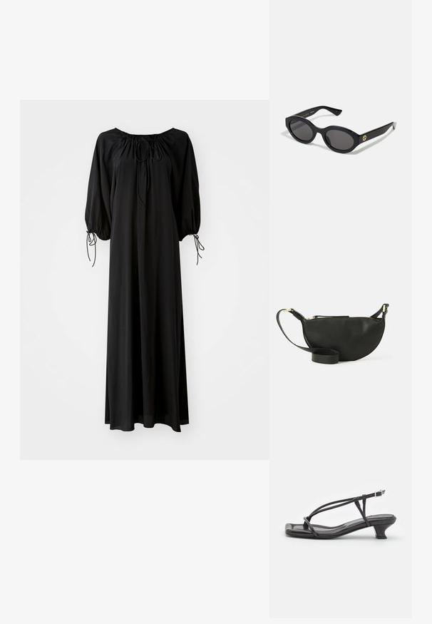 Crna duga haljina s širokim rukavima i izrezom u obliku zeca. Ima vezice s uzicom na vratu i manžetama. Napravljena od lagane, glatke tkanine.; Crne kožne sandale s tankim trakama, niskim blok-petama i kvadratnim nožnim prstima. Imaju kopčanje s kopčom i glatku teksturu.; Crne ovalne sunčane naočale s tamnim staklima i sjajnim plastičnim okvirom. Sadrže zlatni logotip na sljepoočnici, što pruža elegantan i moderni dizajn.; Crna kožna torbica preko tijela u obliku polumjeseca, teksturirana površina, zlatni zatvarač i ravni remen. Kompaktni dizajn prikladan za osnovne stvari.