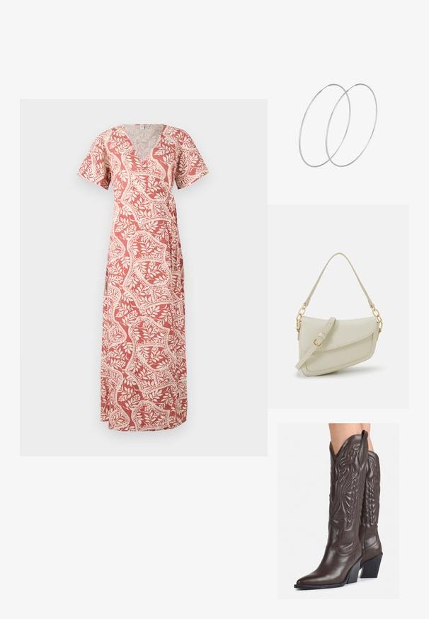 Trumpas, apvynioti stiliaus suknelė koralinės spalvos, puošta gėlių kremų raštu. Ji turi trumpas rankoves ir gilią V formos iškirptę, pagaminta iš lengvos medžiagos.; Rudos odinės kaubojaus batai su smailiu priekiu ir blokuotu kulnu, pasižymintys detaliu siuvinėjimu ir iškiliais akcentais ant ašies.; Mažas kreminis rankinukas su tekstūruotu paviršiumi, ilga reguliuojama juostele, grandinėle ir užsegimu su atvartu. Aukso detalės.; Sidabrinės pusmėnulio auskarai minimalistiniu dizainu. Apskritimo forma, lygus paviršius ir plonas profilis. Lengvi su poliruotu apdailu.