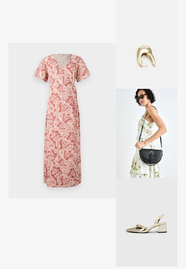 Kratka haljina u obliku omota u koraljnoj boji s cvjetnim krem uzorakom. Ima kratke rukave i duboki V-izrez, izrađena je od laganog materijala.; Zlatni metalik slingback sandali s šiljatim vrhom i debelim potpeticama. Glatka tekstura, minimalistički dizajn i uski remen.; Crna kožna torba s lukovitim oblikom, odvojivim remenom i zlatnim detaljima. Torba ima preklop s kopčom.; Zlatne metalne naušnice s elegantnim, zakrivljenim dizajnom. Imaju karakterističan šiljast oblik, poliranu površinu i zatvaranje na šarku.