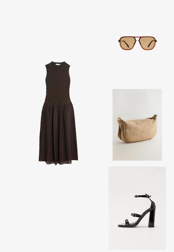 Dlouhá hnědá midi šaty bez rukávů s texturovaným přiléhavým trupem a nařasenou kostkovanou sukní na bílém pozadí.; Černé lakované sandály na podpatku se čtveratou špičkou, lýtkovými pásky a stříbrnými přezkami. Disponují masivním blokovým podpatkem pro stabilitu.; Hnědé osmiúhelníkové sluneční brýle s průhledným jantarem rámem a hnědými skly. Mají kovový akcent na můstku a štíhlé nožičky.; Tkaná béžová taška s křivým tvarem, vybavená zipovým uzávěrem, nastavitelným popruhem a textured povrchem s košíkovým vzorem.