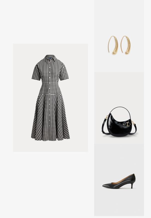 Juoda ir balta languota suknelė trumpomis rankovėmis, aptemptu liemeniu ir platėjančia sijono dalimi. Suknelė turi priekyje sagas ir klasikinius apykaklės elementus.; Juodos odinės aukštakulnės bateliai su smailiu nosiu, žemu kulnu ir lygiu paviršiumi. Priekyje yra nedidelis atvirumas, o gale minimalus apdaila.; Juodas patentuotas odinis rankinukas su išlenkta forma, reguliuojamu diržu ir auksinių tonų detale šone. Lygus, blizgus paviršius.; Auksinės metalinės auskarų kabės su lenktą, pailgą forma. Turi lygų, blizgantį paviršių ir užapvalintą galiuką papildomam akcentui.