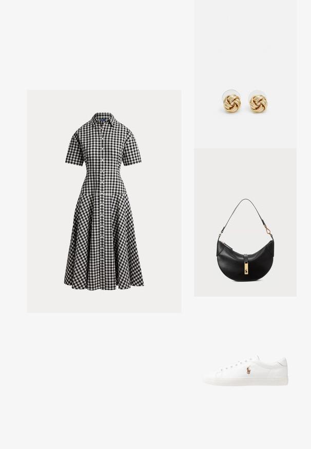 Vestido de padrão gingham preto e branco com mangas curtas, corpete ajustado e saia evasê. Apresenta botões frontais e gola clássica.; Sapatilhas de couro brancas, design de cano baixo, com textura suave, biqueira redonda, atacadores à frente e um pequeno logótipo bordado na lateral.; Bolsa de couro preto em forma de meia-lua. Apresenta um detalhe em metais dourados e uma alça estreita. Textura suave, fechamento em zíper na parte superior.; Brincos de pressão em tom dourado com um design torcido. Cada brinco possui uma base circular transparente para um uso seguro.