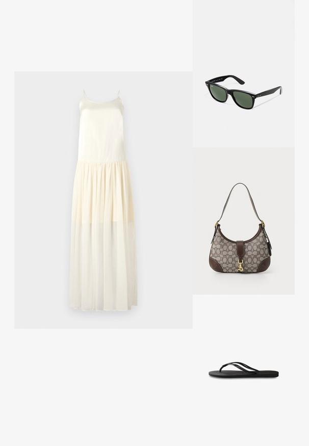 Maxi haljina s tankim naramenicama, gornji dio od svilenog materijala i lepršava, slojevita čipkana suknja svijetle bež boje.; Crne japanke s teksturiranom gumenenom potplatom, dva uska remena i suptilnim, urezanim logom na remenu.; Crne plastične sunčane naočale s zelenim staklima, kvadratni okviri, srebrni naglasak na obrvi i teksturirane ručke. Naziv brenda naveden na unutrašnjoj strani ručke.; COACH HAMPTONS HOBO BAG IN SIGNATURE JACQUARD - Ručna torba - oak maple