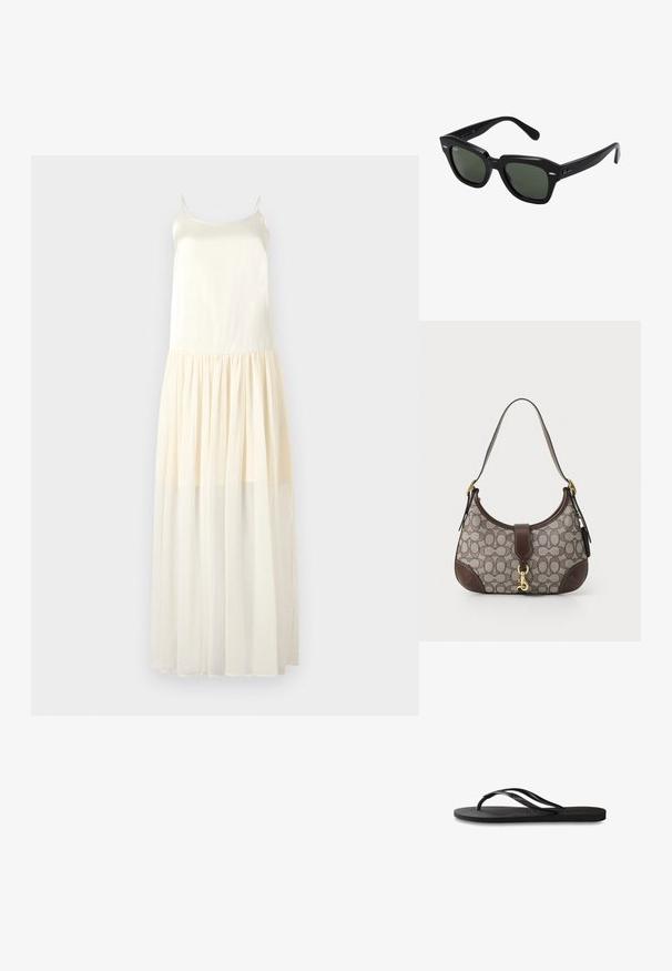 Maxi obleka z naramnicami, vrh iz svilenega materiala in tekoča, plapolajoča krilka iz plastenega šifona v svetlo bež barvi.; Črne natikače z teksturirano gumijasto podlogo, dvema ozkima trakoma in subtilnim, vtisnjenim logom na traku.; Črne kvadratne sončna očala z temno zelenimi lečami, z drznimi okvirji in srebrnimi detajli ob straneh. Narejeno v Italiji.; COACH HAMPTONS HOBO BAG IN SIGNATURE JACQUARD - Torbica - oak maple