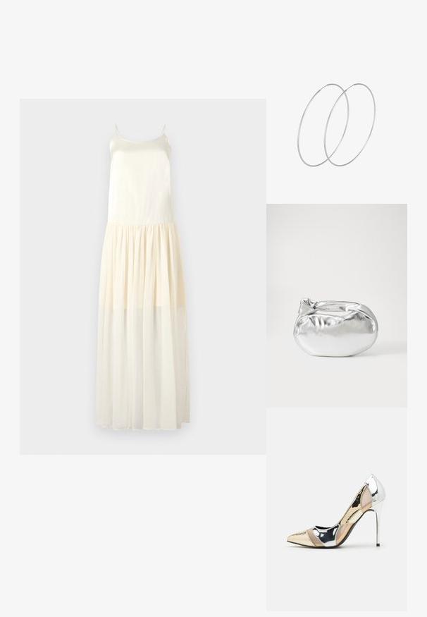 Maksimekko, jossa on spagettiolkaimet, silkkimäisestä kankaasta valmistettu yläosa ja virtaava, kerroksellinen sifonkihame vaaleassa beigeväri.; Korkokenkät, joissa on terävä kärki ja hopea, kultainen sekä nude-väriyhdistelmä. Kiiltävä pinta ja leikkausdesign, varustettuna stikettikorkealla.; Hopeapintainen metallinen pussilaukku, jolla on pehmeä, pyöreä muoto ja solmittava yläosa. Valmistettu sileästä tekonahkamateriaalista.; Hopehope hopeilla, joissa on minimalistinen muotoilu. Pyöreä muoto, sileä pinta ja ohut profiili. Kevyet ja kiillotetut.