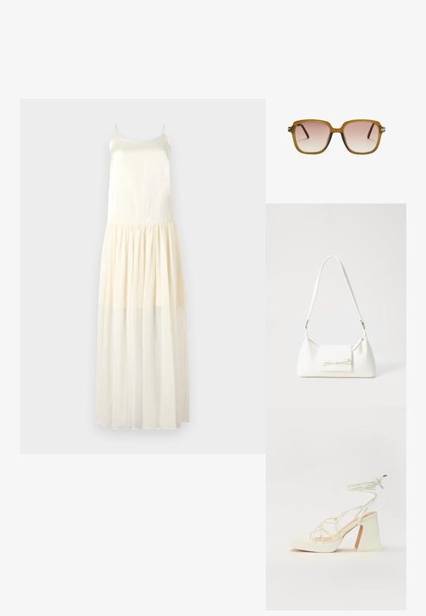 Maxi haljina s tankim naramenicama, gornji dio od svilenog materijala i lepršava, slojevita čipkana suknja svijetle bež boje.; Bijela sandala na visokoj potpetici s debelim petom, s remenom i vezanjem oko gležnja. Glatka tekstura s platformom sprijeda za dodatnu visinu.; Kvadratne naočale s prozirnim okvirom svijetlosmeđe boje, gradijentnim roza lećama i tamnosmešnim ručkama. Minimalistički dizajn s suptilnim detaljima od hardvera.; Bijela sintetička torbica s trokutastim oblikom, ravnim prednjim poklopcem i detaljem u obliku mašne, podesivom remenom, glatkom teksturom i minimalističkim dizajnom.