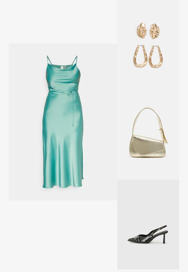 Teal spalvos satino midi suknelė su plonomis petnešėlėmis, prilipusiu bodice ir surišta juosmens akcentu. Ji turi šoną įpjovą, kad būtų patogiau judėti.; Juodas lakuotas odinis batelis su smailiu pirštu, kulkšnies dirželiais su sidabrinėmis sagtimis ir detalėmis, bei plonu kulnu.; Aukso metalinės rankinės su struktūrizuotu dizainu, lygaus paviršiaus ir reguliuojama dirželiu. Pasižymi unikaliu trikampiu pavidalu ir minimalizmu siuvinėjime.; Auksinės auskarai, turintys tekstūruotus, bangų formos elementus. Įeina skulptūriniai segami auskarai ir atviri lankai su išmuštu paviršiumi.