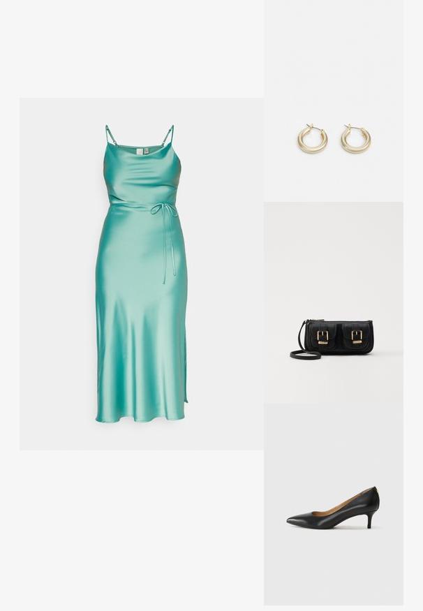 Egy teal selyem midi ruha vékony pántokkal, testhezálló felső résszel és megkötős derék hangsúlyozással. Az oldalsó hasíték lehetővé teszi a szabad mozgást.; Fekete bőrpumpa hegyes orral, alacsony sarokkal és sima felülettel. Elöl enyhe nyílással rendelkezik, hátul pedig minimális részletezéssel.; Fekete bőr keresztbody táska két elülső zsebbel, arany csattokkal, cipzáras záródással és vékony pánttal. Textúrált felület és kompakt téglalap alak.; Lauren Ralph Lauren BASIC SMALL HOOP - Fülbevalók - gold-coloured