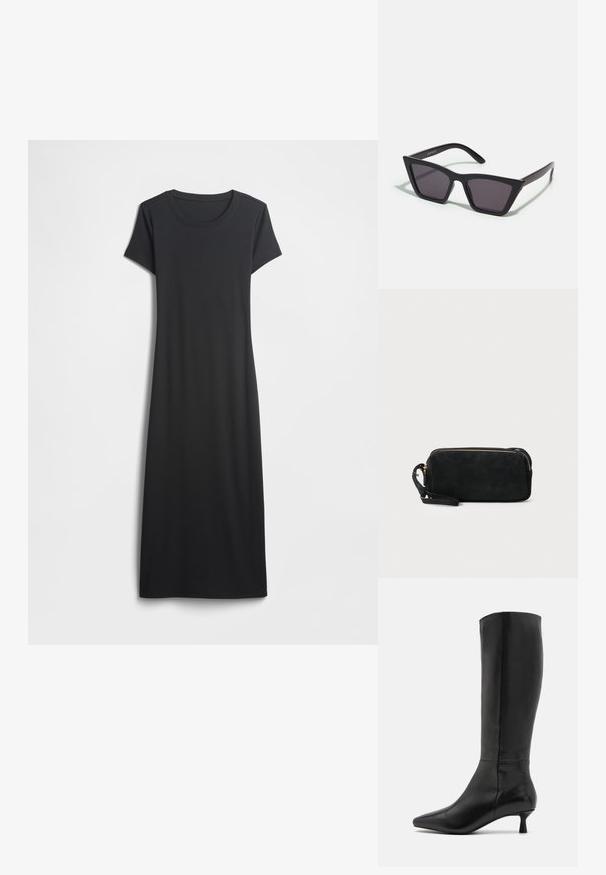 Crna haljina kratkih rukava s okruglim izrezom, izrađena od mekanog materijala, s jednostavnim, ravnim krojem bez dodatnih uzoraka ili detalja.; Zign Čizme - black; Crne, uglaste sunčane naočale sa sivoj lećama; izrađene od plastike, imaju debele nogice s glatkom površinom i bez vidljivih metalnih dijelova.; Crna suđena torbica s patentnim zatvaračem i odvojivim ručnim remenom. Ima zlatne metalne detalje i glatku, mat teksturu.