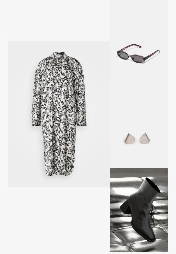 Mustat ja valkoiset kukkakuosiset mekko, jossa on pitkät hihat, napit edessä, kaulus ja väljä mitoitus, valmistettu kevyestä kankaasta.; Musta nilkkuri, joka on valmistettu kiiltävästä materiaalista, jossa on neliömäinen kärki ja kapeahko kanta, asetettuna kiiltävän hopean tuftatun taustan eteen.; Auringonlaseja, joissa on marmoroitu purppuranvärinen kehys, tummat linssit ja hoikat sankat, joissa on pieni kultainen logo.; Hopea metalliset korvakorut, joissa on sileä, pisaramainen muoto ja kiillotettu pinta. Huomaamattomat kaiverrukset lisäävät yksityiskohtia. Minimalistinen muotoilu.