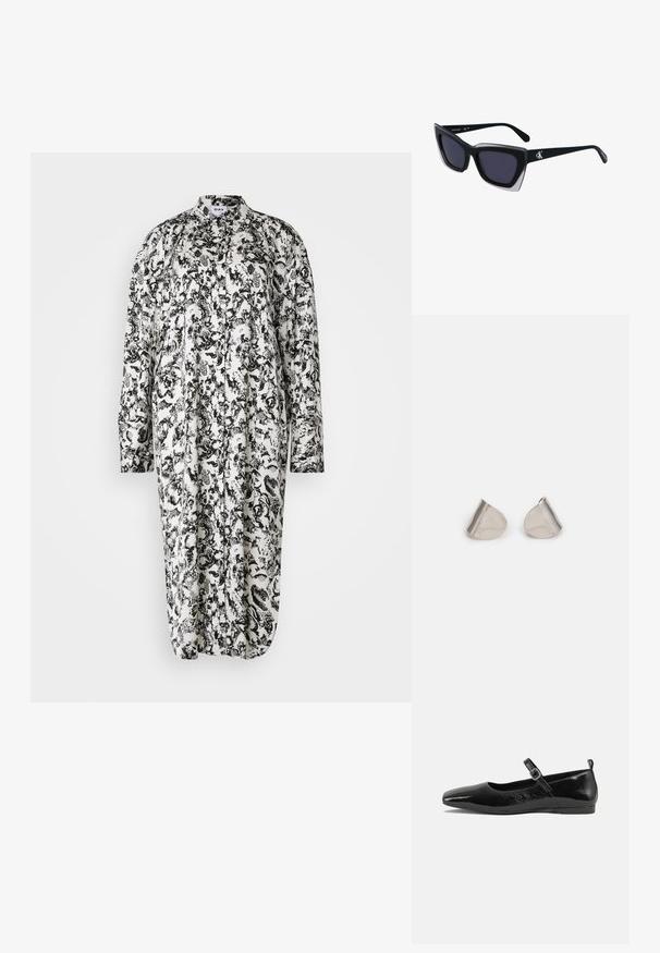 Schwarz-weißes floral bedrucktes Kleid mit langen Ärmeln, Knopfleiste, Kragen und lockerer Passform, gefertigt aus leichtem Material.; Schwarze Lackleder-Ballerina mit spitzem Zeh, einem Knöchelriemen mit Schnalle und einer glatten, glänzenden Oberfläche. Flacher Absatz für Komfort.; Schwarze übergroße Sonnenbrille mit geometrischer Form, ausgestattet mit dunklen Gläsern und einem kontrastierenden grauen Detail im Rahmen. Logo am Bügel.; Silberne Metalohrringe mit einer glatten, tröpfchenförmigen Form und einer polierten Oberfläche. Subtile Gravuren fügen Details hinzu. Minimalistisches Design.