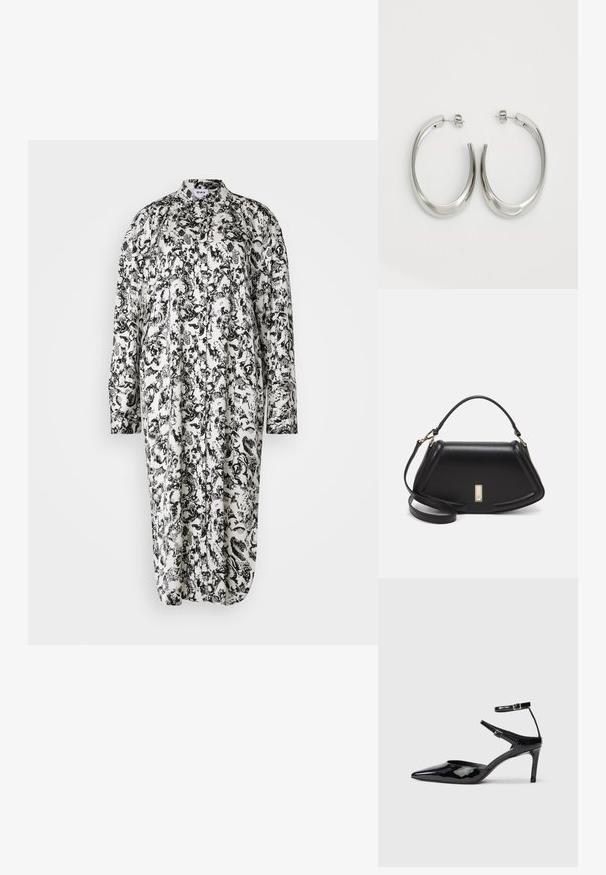 Abito a stampa floreale in bianco e nero con maniche lunghe, chiusura a bottoni, colletto e vestibilità ampia, realizzato in tessuto leggero.; Décolleté in pelle eco-patent nera con punta affilata, cinturini alla caviglia regolabili e tacco sottile. Texture liscia con una finitura lucida.; Borsa a mano in pelle nera con un design strutturato, caratterizzata da una forma corta, manico superiore e accessori in metallo dorato. Inclusa tracolla regolabile.; Orecchini a cerchio argentati con un design liscio e curvo. Presentano una finitura metallica lucida e una chiusura a perno. Nessun motivo o accentuazione visibile.