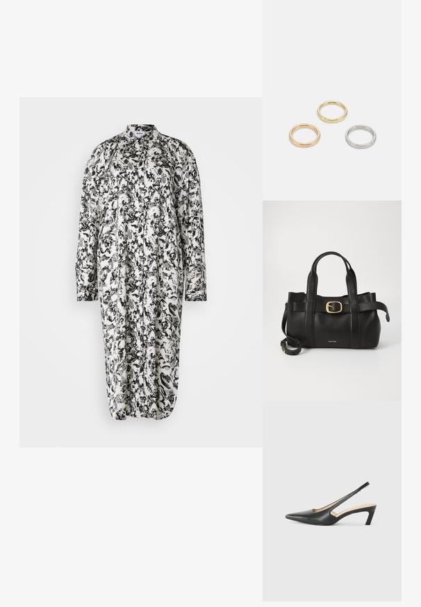 Schwarz-weißes floral bedrucktes Kleid mit langen Ärmeln, Knopfleiste, Kragen und lockerer Passform, gefertigt aus leichtem Material.; Schwarzer spitz zulaufender Slingback-Schuh mit niedrigem Absatz, der aus glattem Leder gefertigt ist und seitliche Ausschnitte für Atmungsaktivität aufweist.; Schwarze Lederhandtasche mit strukturiertem Design, doppelten oberen Griffen, goldfarbenem Schnallenakzent und geprägtem Markenlogo auf der Vorderseite.; Drei Metallringe: einer in Roségold, einer aus Gold mit strukturierten Akzenten und einer aus Silber, alle mit graviertem Branding auf dem inneren Band.