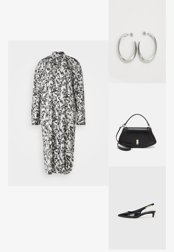Fekete-fehér virágmintás ruha hosszú ujjakkal, gombos elülső résszel, gallérral és laza szabással, könnyű anyagból készült.; Fekete bőr slingback magassarkúk, hegyes orral, vékony sarkakkal és arany színű részlettel a állítható pánton. Simа felület.; Fekete bőr kézitáska, strukturált dizájnnal, rövidített formával, felső fogantyúval és arany színű kiegészítőkkel. Állítható vállpánt is tartozik hozzá.; Ezüst karika fülbevalók sima, ívelt formával. Fényes fémes felülettel és tűs zárral rendelkeznek. Nincsenek látható minták vagy kiegészítők.