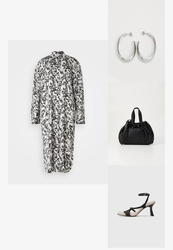 Haljina s cvjetnim uzorkom u crno-bijeloj boji, dugih rukava, s gumbima sprijeda, ovratnikom i širokim krojem, izrađena od lagane tkanine.; Crne sandale na visokom potpetici s dizajnom pletenih trakica, kvadratnim vrhom i podešivom trakicom oko gležnja. Svijetlosmeđi ulošci s sjajnim crnim potpeticama.; Crna kožna torba s nabranim dizajnom na vrhu, s dva kratka ručka i dugim podesivim remenom. Glatka tekstura, zaobljen oblik.; Srebrne kružne naušnice s glatkim, zakrivljenim dizajnom. Imaju sjajnu metalnu završnu obradu i kopču na tipku. Nema vidljivih uzoraka ili ukrasa.