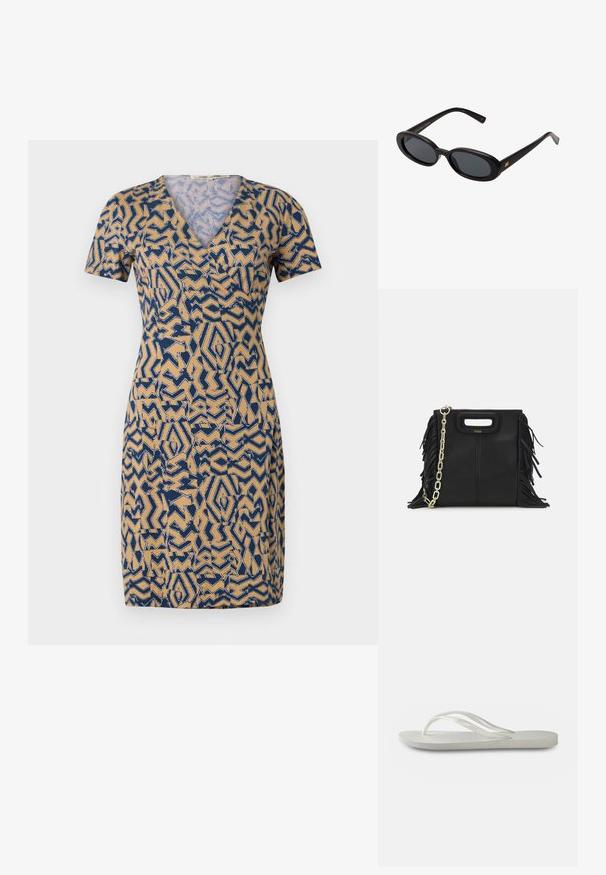 Īsām piedurknēm bezšuvju kleita bēšā krāsā ar zilu abstraktu rakstu, ar V veida kakla izgriezumu un pieguļošu jostasvietu. Izgatavota no viegla auduma.; Bietes flip-flops ar teksturētu zoli, ar plānām siksnām un platu dizainu. Izgatavoti no gumijas ar smalku logotipu uz zoles.; Melnu pārspīlēto saulesbrilles ar ovālām lēcām, gludu plastmasas rāmja un zelta akcentiem uz tempļiem. Tumšie lēcas nodrošina saules aizsardzību.; Melna ādas rokassoma ar frizūras detaļām, zelta ķēdes plecu siksnu un izgrieztu rokturi. Ir logotipa novietojums priekšpusē.