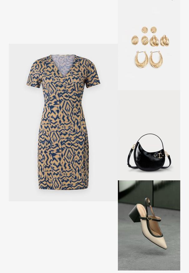 Rövid ujjú bézs ruha kék absztrakt mintával, V-dekoltázzsal és feszes derékkal. Könnyű anyagból készült.; Beige, hegyes orrú, pántos cipő fekete díszítéssel, arany csattal és vastag blokk sarokkal, szürke padlón, sötétzöld háttér előtt.; Fekete lakkbőr kézi táska, ívelt formával, állítható pánttal és aranyszínű fém részletekkel az oldalon. Simább, fényes felület.; Fekete lakkbőr kézi táska, ívelt formával, állítható pánttal és aranyszínű fém részletekkel az oldalon. Simább, fényes felület.; Aranyszínű fülbevaló szett, amely három pár fülbevalót tartalmaz: textúrált ovális stúdiókat, hullámos dizájnnal készült stúdiókat, és nagy, rétegezett bordázatú karikafülbevalókat.