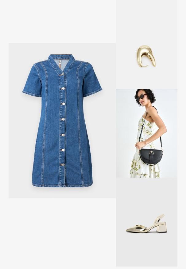 Denim srajčna obleka s kratkimi rokavi, z ovratnikom, navpičnimi šivi in petimi srebrnimi gumbi na sprednji strani.; Zlati, kovinski slingback čeveljci z ostrim nosom in masivnim peto. Gladka tekstura, minimalistična zasnova in ozka zanka.; Črna usnjena torbica s ukrivljeno obliko, z odstranljivo naramnico in zlatimi dodatki. Torbica ima pokrov s podrobnostmi v obliki zaponke.; Uhane nakit iz zlatastega tona z gladko, ukrivljeno zasnovo. Ima edinstveno koničasto obliko, polirano površino in zaponko s tečajem.
