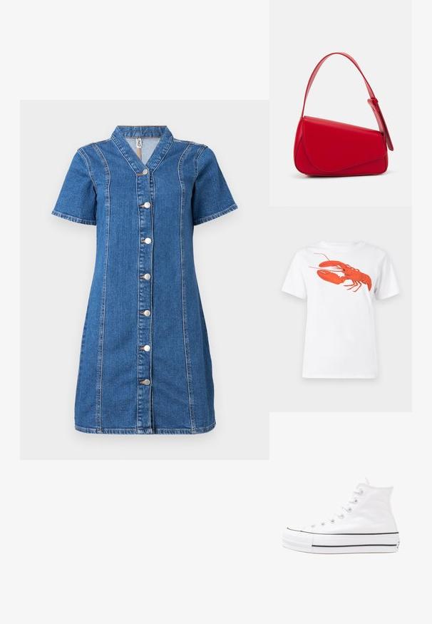 Vestido de ganga com botões e mangas curtas, apresentando um colarinho, detalhes de costura vertical e cinco botões prateados na frente.; Camiseta de algodão branca com um grande gráfico de lagosta vermelha brilhante na frente. Mangas curtas e design de gola redonda padrão.; Sapatilha alta de tela branca com sola de borracha preta, bico de borracha na frente e seis ilhós para os atacadores, apresentando um design limpo e minimalista.; Bolsa de mão em couro vermelho com um design angular e geométrico. Apresenta uma única alça ajustável e um fecho com aba, com detalhes cosidos.