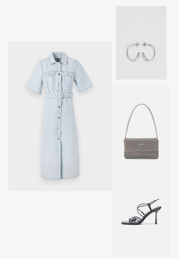 Svijetloplava traper haljina, kratki rukavi, dugmad do kraja sprijeda s dvije džepove na prsima, pojas u struku, završena s detaljima šivanja.; Crne sandale na visokoj potpetici imaju tanke trake s čvorastim dizajnom, glatki kvadratni vrh i elegantnu stiletto petu.; Svijetlosivi metalik ruksač s lancem, ukrašen malim okruglim metalnim zakovicama i trokutastim logotipom marke.; Srebro naušnice u obliku prstena s glatkom, sjajnom završnom obradom. Zaobljenog oblika, laganog dizajna, s kopčom na poleđini.