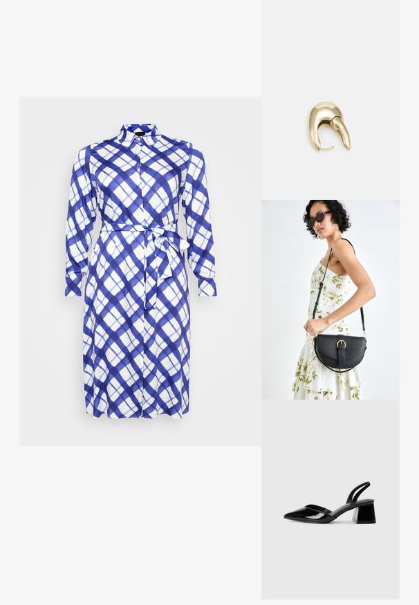 Langermet, knappet kjole i blå og hvit rutemønster med belte i midjen. Laget av lett stoff med en myk tekstur.; Svarte patentlær slingback hæler med spiss tå og geometrisk blokk hæl. Har et stilrent, minimalistisk design og jevn tekstur.; Svart lærveske med en buet form, avtagbar stropp og gullbeslag. Vesken har et klaff med spenne-detall.; Gullfarget metalløredobber med et elegant, buet design. Har en karakteristisk spiss form, polert overflate og hengsel-lukking.