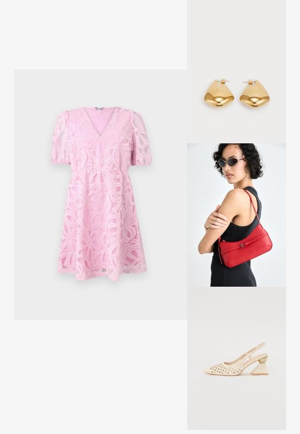 Rozā mežģīņu kleita ar V veida izgriezumu, īsām puff piedurknēm un pieguļošu vidukli. Iezīmējas ar slāņainām ziedu rakstiem un platām svārkiem.; Beige siksnīšu kurpes ar perforētu augšējo daļu, smailu purngalu un kontrastējošu trīsstūra papēdi, kas rotāta ar zeltu. Kopumā gluda tekstūra.; Sarkans ādas plecu soma ar gludu tekstūru, izliekta dizaina un dekoratīvu sprādzi. Regulējams siksna un rāvējslēdzēja aizdare.; Zelta krāsas metāla auss gredzeni ar gludu, apaļu trīsstūra formu un āķa aizmuguri; atstarojoša virsma ar minimālu apdari.