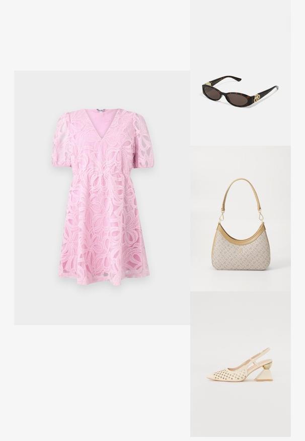 Abito rosa in pizzo con scollatura a V, maniche a palloncino corte e vita aderente. Presenta motivi floreali a strati e una gonna svasata.; Scarpa slingback beige con tomaia perforata, punta affilata e un tacco triangolare a contrasto con un accento dorato. Texture liscia nel complesso.; Occhiali da sole tartarugati con lenti ovali allungate, tonalità marrone, accenti dorati con logo sulle tempie e aste nere eleganti.; Borsa a tracolla beige con un motivo stampato, forma curvata, dettagli in pelle e un logo dorato sul davanti. Presenta una maniglia corta per un facile trasporto.