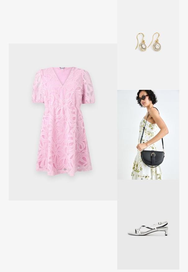 Rosa spetsklänning med V-ringning, korta puffärmar och en figursydd midja. Har lager av blomstermönster och en utsvängd kjol.; Silverfärgad metallisk slingback-sandal med låg klack, som har korsade remmar och en slät yta. Minimalistisk design.; Svart läderhandväska med en böjd form, avtagbar rem och guldiga detaljer. Väskan har ett lock med en spänndetalj.; Guldtonade örhängen med ovalformade klara kristaller omgivna av mindre klara stenar, med en krokdesign för säker användning.