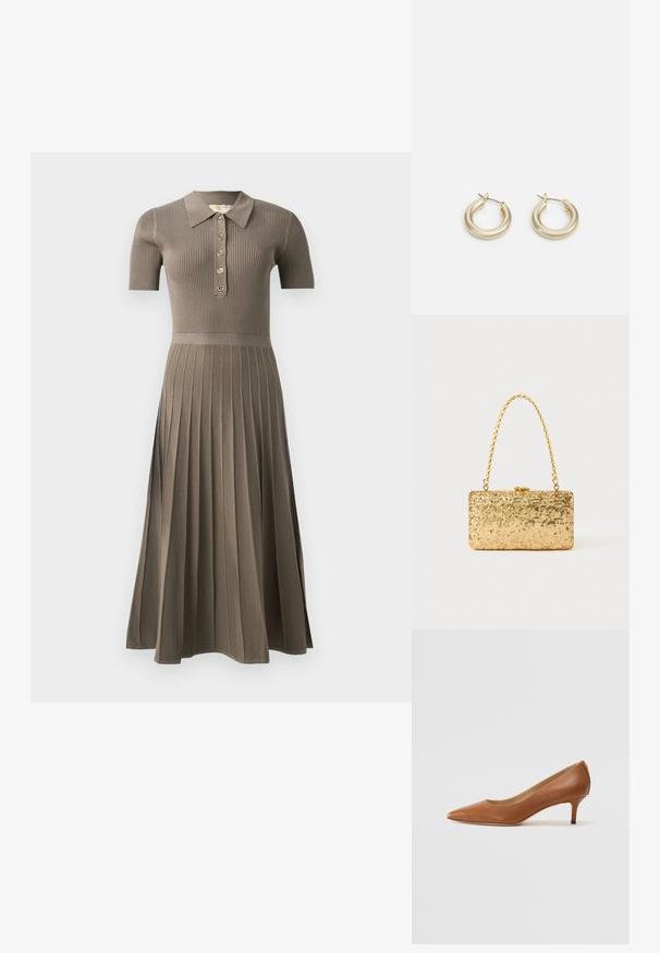 Vestido midi com nervuras em cinza- castanho, com mangas curtas, colarinho tipo polo, fecho de botões dourados e saia plissada. Textura suave.; Lauren Ralph Lauren ADRIENNE - Saltos clássicos - deep saddle tan; Clutch dourada em lantejoulas com formato retangular, apresentando uma alça de corrente torcida e um fecho de metal, refletindo a luz com um acabamento texturizado.; Lauren Ralph Lauren BASIC SMALL HOOP - Brincos - gold-coloured