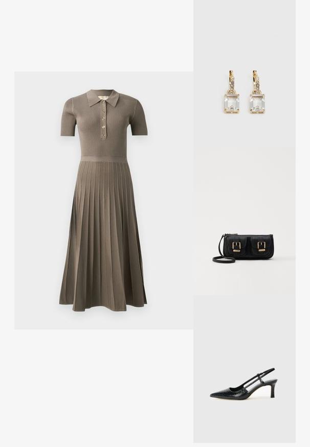 Abito midi a coste in marrone grigio con maniche corte, colletto polo, pattina con bottoni dorati e design della gonna plissettata. Texture morbida.; Slingback con tacco in vernice nera con punta affusolata, caratterizzato da una stampa a serpente testurizzata, cinturino regolabile e un tacco corto e testurizzato.; Borsa a tracolla nera in pelle con due tasche frontali, fibbie dorate, chiusura con zip e una tracolla sottile. Superficie texturizzata e forma rettangolare compatta.; Orecchini in tonalità dorata con un cristallo trasparente rettangolare sospeso sotto una fila di piccoli accenti trasparenti rotondi. Design elegante e moderno.