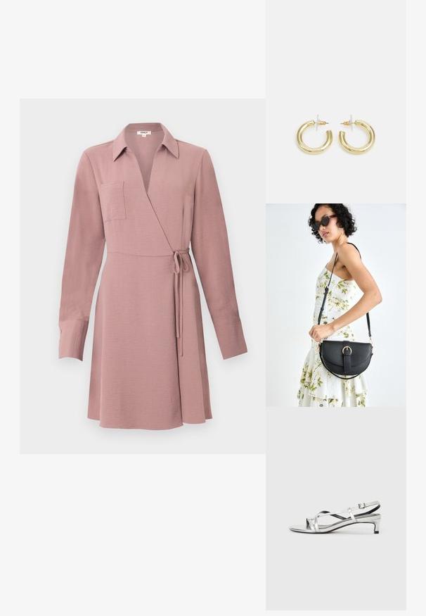 Rochie tip wrap în roz prăfuit, cu mâneci lungi, guler și legătură laterală. Prezintă un buzunar pe piept și o textură netedă.; Sandale slingback metalice argintii cu toc mic, cu bretele încrucișate și o textură netedă. Design minimalis.; Geantă din piele neagră, cu o formă curbată, curea detașabilă și accesorii aurii. Geanta are un capac cu un detaliu tip cataramă.; Cercei cercuri din aur cu un finisaj neted și strălucitor. Design circular cu un mic suport și un spate transparent pentru o purtare sigură.