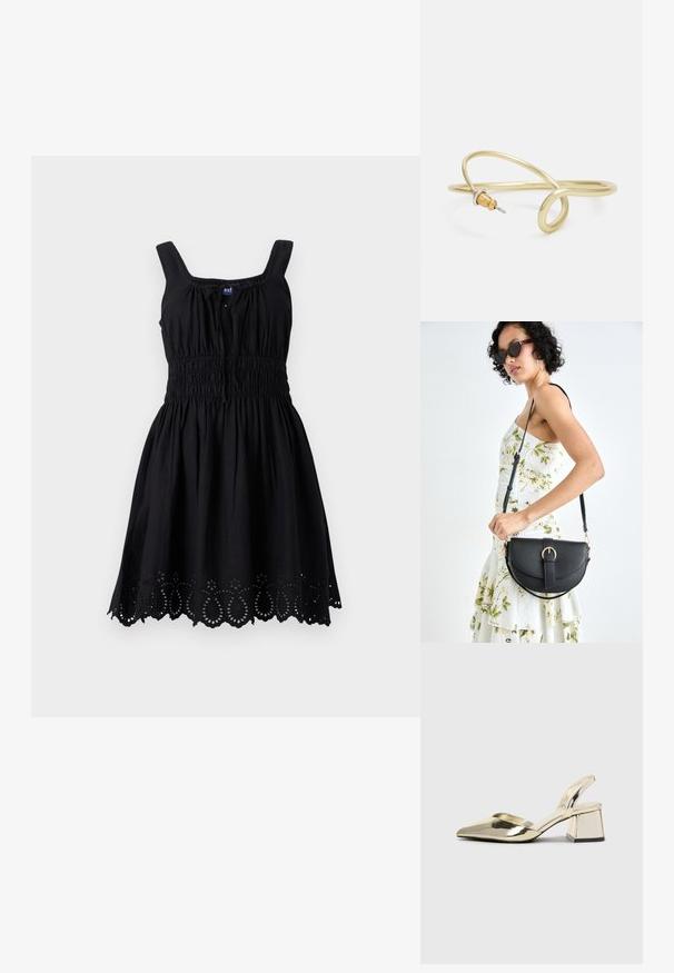 Crna haljina s uskom korzetom koja ima kvadratne naramenice, naboran struk i rub s valovitim obrubom ukrašen složenim izvezenim detaljima.; Zlatni metalik slingback sandali s šiljatim vrhom i debelim potpeticama. Glatka tekstura, minimalistički dizajn i uski remen.; Crna kožna torba s lukovitim oblikom, odvojivim remenom i zlatnim detaljima. Torba ima preklop s kopčom.; Zlatna metalna narukvica s fluidnim, zavojitim dizajnom. Sadrži mali, istaknuti srebrni akcent na jednom kraju.