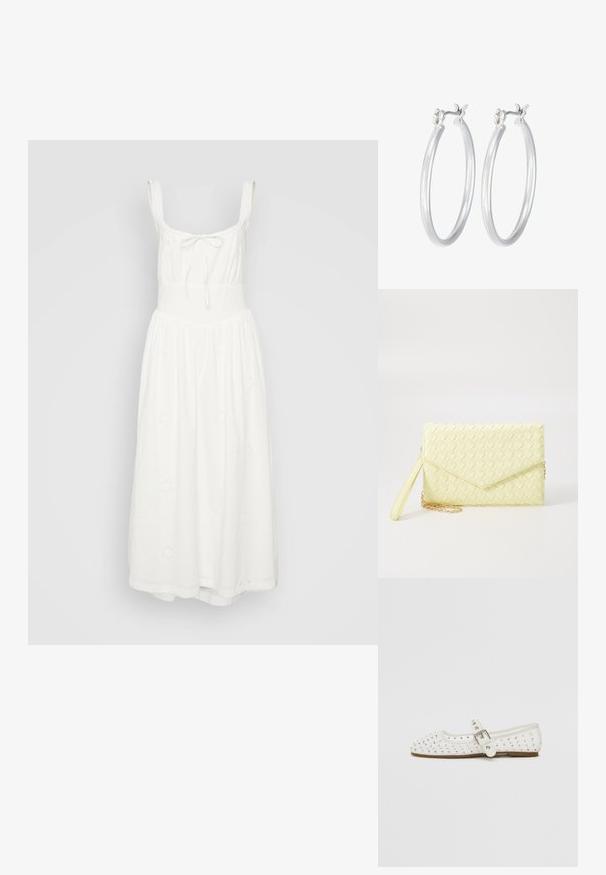 Witte katoenen midi-jurk met een nauwsluitend lijfje, verstelbare schouderbanden en een vloeiende rok. Heeft geborduurde bloempatronen.; Witte platte schoen met een spitse neus, versierd met zilveren studs, beschikt over een gespsluiting over de wreef en een lichtbruine zool.; Geel geweven clutch portemonnee met een flapontwerp, een afneembare polsband en een gouden kettingaccent. Gladde textuur en rechthoekige vorm.; Zilveren oorbellen in de vorm van een gladde, gepolijste ring. Ronde vorm met een veilige kliksluiting. Lichtgewicht ontwerp, geschikt voor dagelijks gebruik.