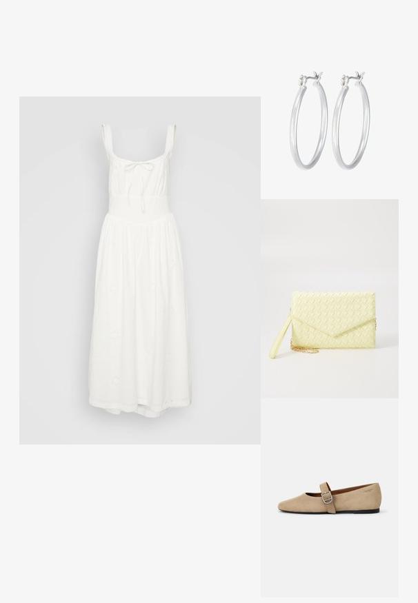 White cotton midi dress with a fitted bodice, adjustable shoulder straps, and a flowing skirt. Features embroidered floral patterns.; Beige suede Mary Jane flats with a pointed toe and a single adjustable strap featuring a silver buckle. Black flat sole.; Yellow woven clutch wallet with a flap design, a detachable wrist strap, and a gold chain accent. Smooth texture and rectangular shape.; Silver hoop earrings with a smooth, polished finish. Round shape and secure click-top closure. Lightweight design suitable for everyday wear.