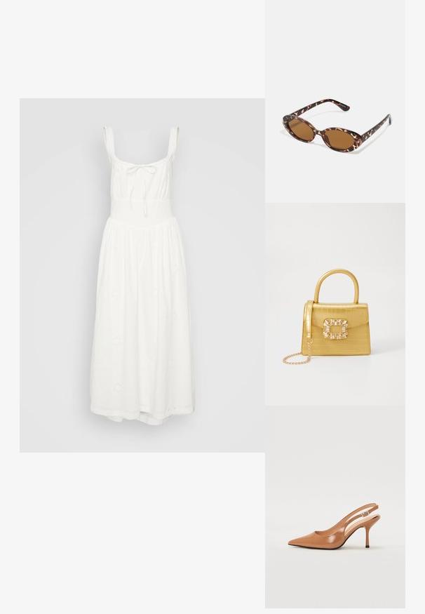 Robe midi en coton blanc avec un corsage ajusté, des bretelles réglables et une jupe fluide. Présente des motifs floraux brodés.; Escarpin à talon slingback à bout pointu en matériau beige lisse et brillant. Présente un design de découpes courbées et un talon aiguille fin. Détail de boucle en argent.; Lunettes de soleil en écaille de tortue avec des verres ovales, teintés de marron, branches fines avec un motif texturé, monture en plastique légère.; Sac à main en faux crocodile jaune avec un design structuré, une poignée supérieure, une bandoulière en chaîne amovible, et un ornement cristallin décoratif sur le fermoir.