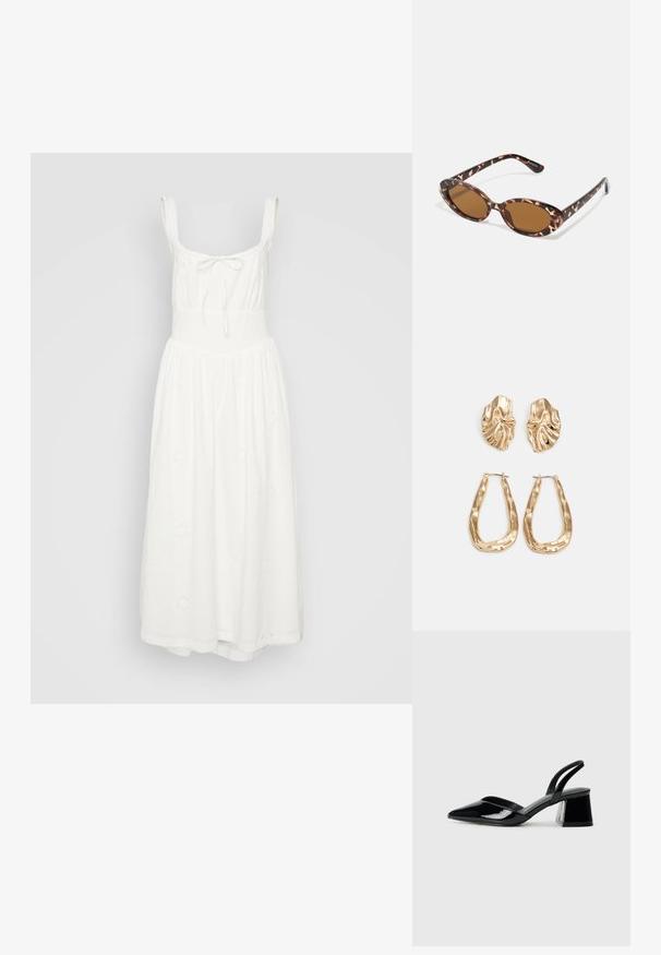 White cotton midi dress with a fitted bodice, adjustable shoulder straps, and a flowing skirt. Features embroidered floral patterns.; Black patent leather slingback heels with a pointed toe and a geometric block heel. Features a sleek, minimal design and smooth texture.; Tortoiseshell sunglasses with oval lenses, brown-tinted, thin arms featuring a textured pattern, lightweight plastic frame.; Gold-tone earrings featuring textured, wavy shapes. Includes sculptural clip-on studs and open hoop design with a hammered finish.
