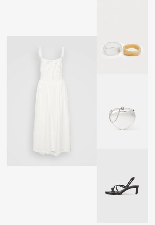 Weißes Baumwoll-Midikleid mit tailliertem Oberteil, verstellbaren Schulterträgern und einem fließenden Rock. Mit bestickten Blumenmustern.; Schwarze Sandale mit Riemchen, quadratischer Zehenform und niedrigem Blockabsatz. Verfügt über mehrere dünne Riemen und einen verstellbaren Knöchelriemen. Hergestellt aus glattem Leder.; Herzförmige metallische silberne Clutch-Tasche mit glatter Textur, Druckverschluss und einem silbernen Kettenriemen.; Klare und bernsteinfarbene Harzringe, einer glatt und transparent, der andere mit einer strukturierten, bernsteinfarbenen Oberfläche. Beide haben ein abgerundetes, massives Design.
