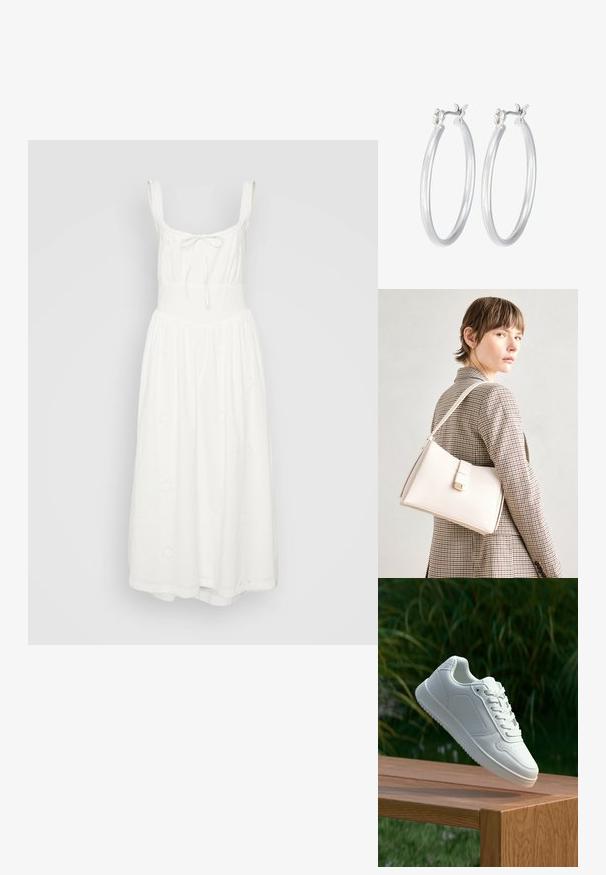 Balta kokvilnas midi kleita ar pieguļošu augšdaļu, regulējamiem plecu siksniem un plūstošu svārku. Dekoratīvi izšūti ziedu raksti.; Baltie sporta apavi ar gludu sintētisku augšpusi, perforētu pirkstu daļu, plakani šņorēm un rakstainu zoli, novietoti uz koka virsmas.; Balta ādas rokassoma ar strukturētu dizainu, kurai ir magnētiska aizdare un plecu josta, parādīta uz neitrāla fona.; Sudraba riņķveida auss gredzeni ar gludu, pulētu apdari. Apaļa forma un drošs klikšķa augšējais slēgums. Viegls dizains, kas piemērots ikdienas valkāšanai.