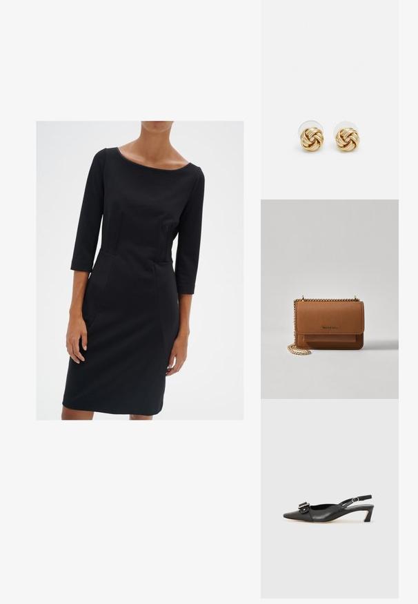 Čierne priliehavé šaty s kulatým výstrihom, rukávmi po trištvrte a švovými detailmi. Vyrobené z hladkej látky s jemnou textúrou.; Čierne kožené sandále s úzkym prstom, malým opätkom a dekoratívnou sponou na vrchnej časti. Hladká textúra, minimalistický dizajn.; Hnedá textúrovaná kožená taška cez telo s zlatým reťazovým popruhom a preklopným uzáverom. Predná strana obsahuje detail s logom a vrecko pod preklopkou.; Náušnice s uzlom v zlatej farbe s prekrúteným dizajnom. Každá náušnica má kruhové priehľadné pozadie pre bezpečné nosenie.
