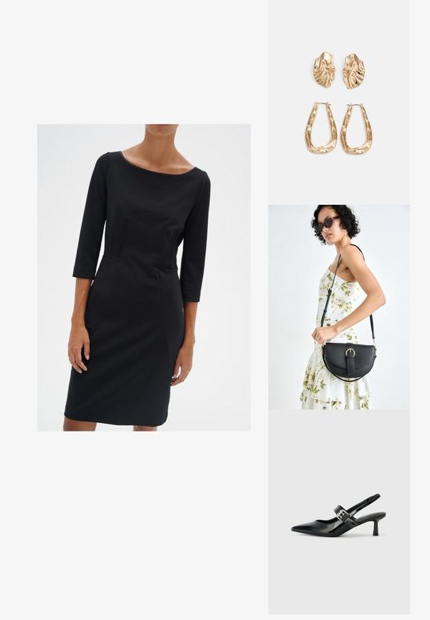 Čierne priliehavé šaty s kulatým výstrihom, rukávmi po trištvrte a švovými detailmi. Vyrobené z hladkej látky s jemnou textúrou.; Čierne patentové kožené sandále na podpätku so špicatou špičkou a malým blokovým podpätkom, s dekoratívnou striebornou sponou na remienku.; Čierna kožená kabelka s zaobleným tvarom, odnímateľným popruhom a zlatými doplnkami. Kabelka má klopu s detailom s prackou.; Náušnice v zlatej farbe s textúrovanými, vlnitými tvarmi. Obsahujú sochárske klipsové náušnice a otvorený tvar krúžku s kladivkovým povrchom.