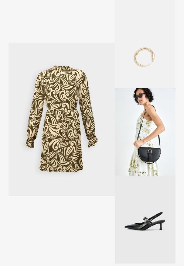 Dlhé šaty s priliehavým pásom, olivovo zelené pozadie, krémový kvetinový vír a nariasenie na manžetách.; Čierne patentové kožené sandále na podpätku so špicatou špičkou a malým blokovým podpätkom, s dekoratívnou striebornou sponou na remienku.; Čierna kožená kabelka s zaobleným tvarom, odnímateľným popruhom a zlatými doplnkami. Kabelka má klopu s detailom s prackou.; Prsteň v zlatej farbe s organickým, skrúteným dizajnom, hladkým povrchom a zužujúcimi sa koncami, vytvárajúci moderný, sochársky vzhľad.
