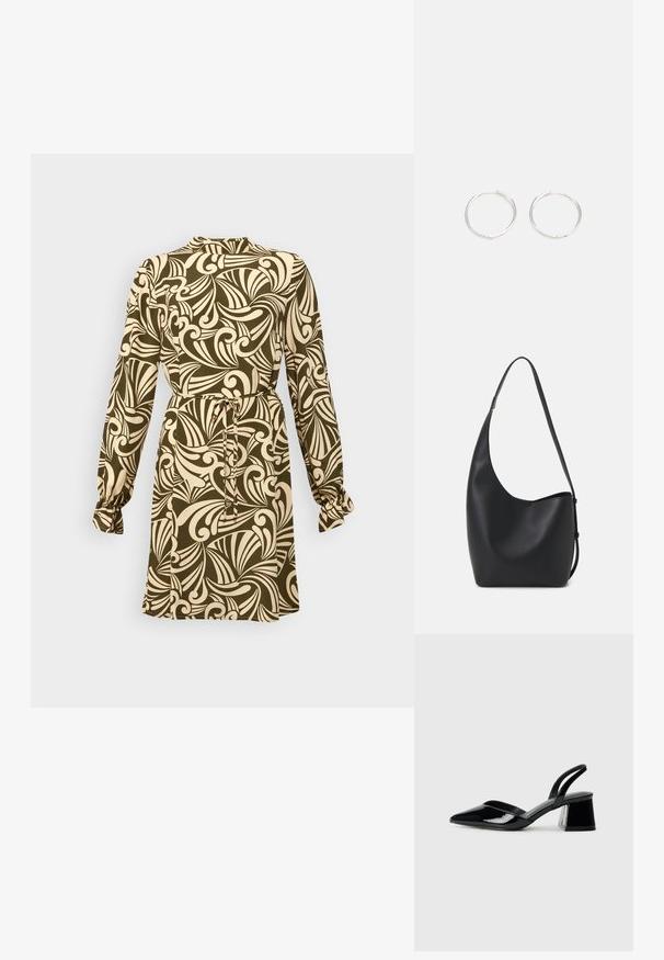 Hosszú ujjú ruha, szűkített derékkal, olajzöld háttérrel, krémszínű virágos örvénymintával és gyűrűzéssel a mandzsettákon.; Fekete lakk bőr szandálkés magas sarkú cipő, hegyes orral és geometrikus tömbsarkakkal. Karcsú, minimalista dizájn és sima textúra jellemzi.; Fekete bőr hobo táska sima textúrával, ívelt formával és egyetlen állítható pánttal; széles nyílás található a tetején.; Ezüst karika fülbevalók, letisztult, kerek formával, sima felülettel és látható díszítés nélkül. A átmérő nem megadott.