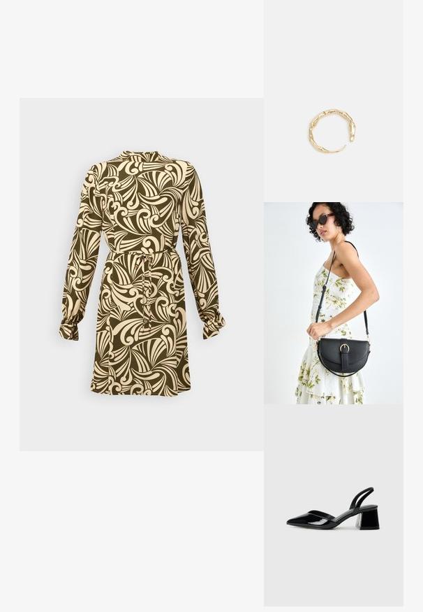 Haljina dugih rukava s uskim strukom, tamnozelena pozadina, bež cvjetni uzorak u obliku spirale i nabori na manžetama.; Crne lakirane kožne sandale s otvorenom petom i špicastim vrhom, s geometrijskom blok petom. Imaju elegantan, minimalistički dizajn i glatku teksturu.; Crna kožna torba s lukovitim oblikom, odvojivim remenom i zlatnim detaljima. Torba ima preklop s kopčom.; Prsten u zlatnoj nijansi s organskim, uvijenim dizajnom, glatkom teksturom i suženim krajevima, koji stvara moderan, skulpturalni izgled.