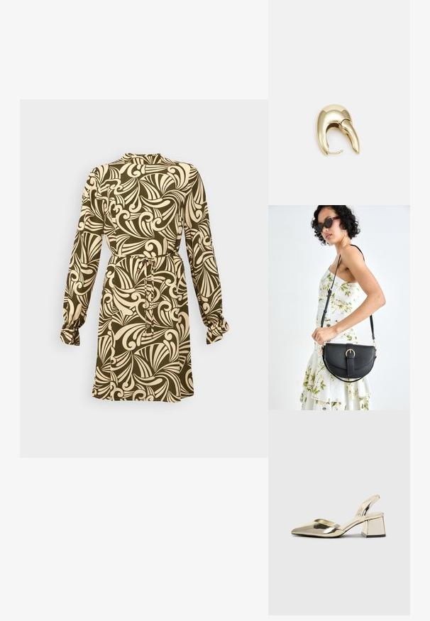 Ilgais rankovės suknelė su prigludusia juosmens dalimi, alyvuogių žalumo fono, kreminės spalvos gėlių sukimosi raštu ir raukiniais rankogaliuose.; Auksiniai, metaliniai slingback aukštakulniai bateliai su smailiu pirštu ir masyviu kulnu. Lygus paviršius, minimalizmo dizainas ir siaura juostelė.; Juodas odinis krepšys su išlenkta forma, nuimamu dirželiu ir auksiniais detalėmis. Krepšys turi kilpą su sagtimi.; Aukso tono metalinės auskarai su stilingu, kreiviu dizainu. Išsiskiria ryškiu smailiu pavidalu, poliruota paviršiumi ir užsegimu su vyriu.