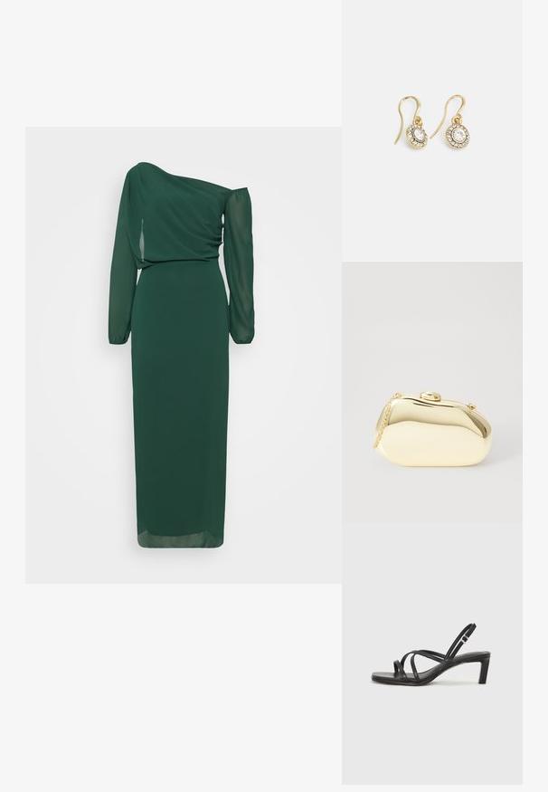 WAL G TALL ABI OFF SHOULDER MAXI - Společenské šaty - forest green; Černé sandály na tenkém podpatku se čtveratou špičkou a nízkým blokovým podpatkem. Mají několik tenkých popruhů a nastavitelné zapínání okolo kotníku. Vyrobeny z hladké kůže.; Metalická zlatá kabelka s hladkým, zaobleným tvarem, opatřená horním zapínáním na knoflík a malým řetízkovým popruhem pro nošení.; Náušnice ve zlatém tónu s oválnými průhlednými krystaly obklopenými menšími průhlednými kameny, se zapínáním na háček pro bezpečné nošení.